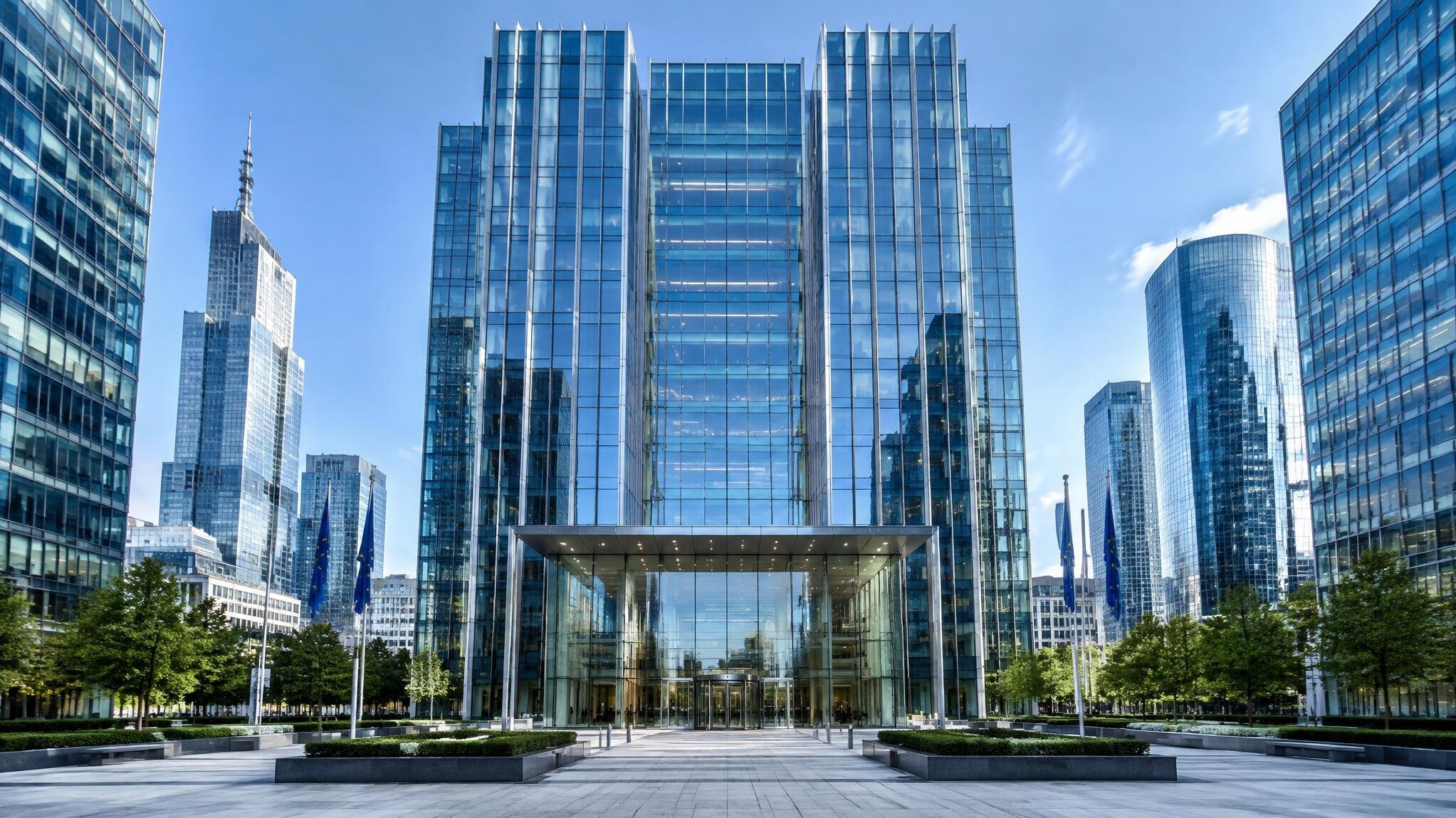 Modern glass corporate office building exterior in a financial district