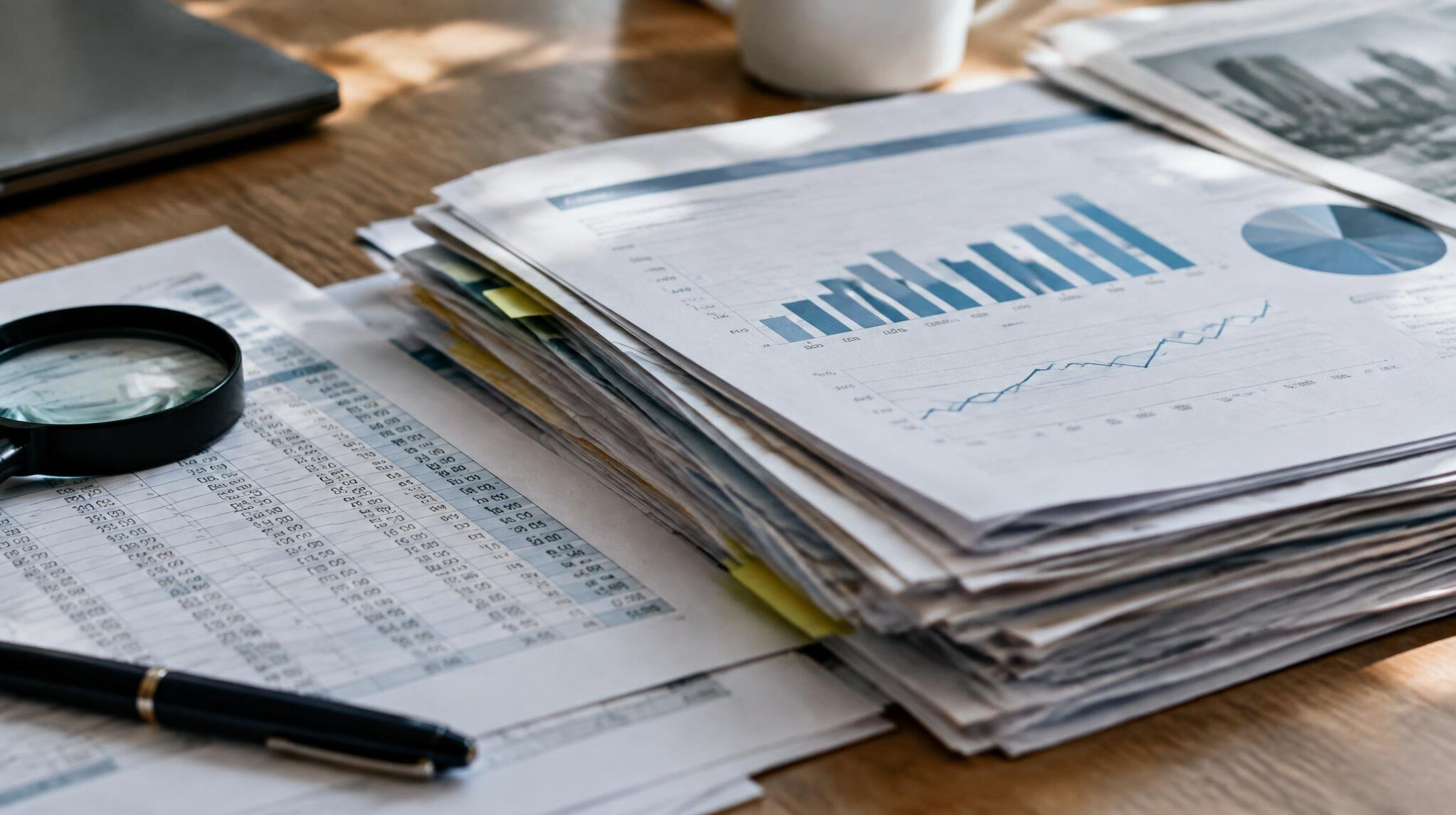 Close-up of financial reports and printed documents stacked on a desk