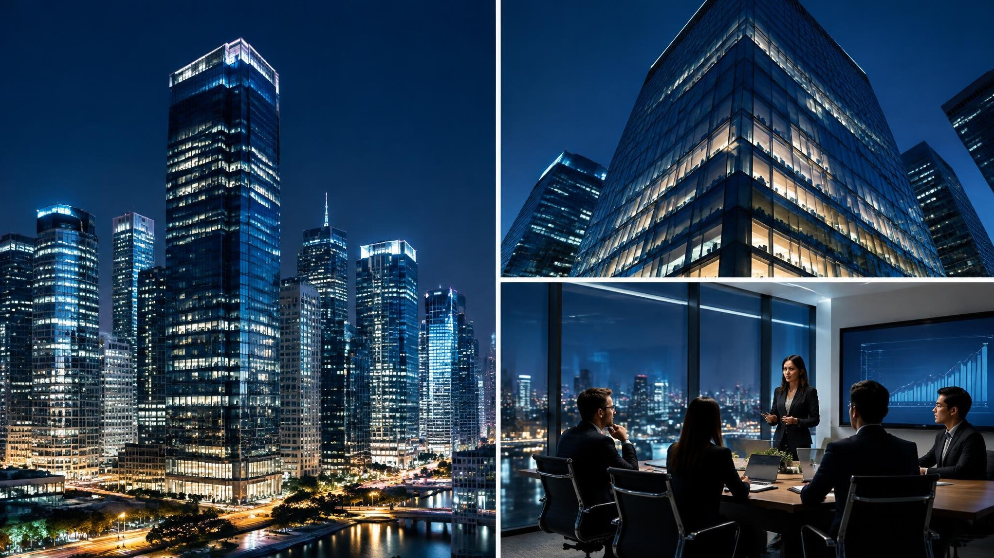 corporate skyscrapers at night