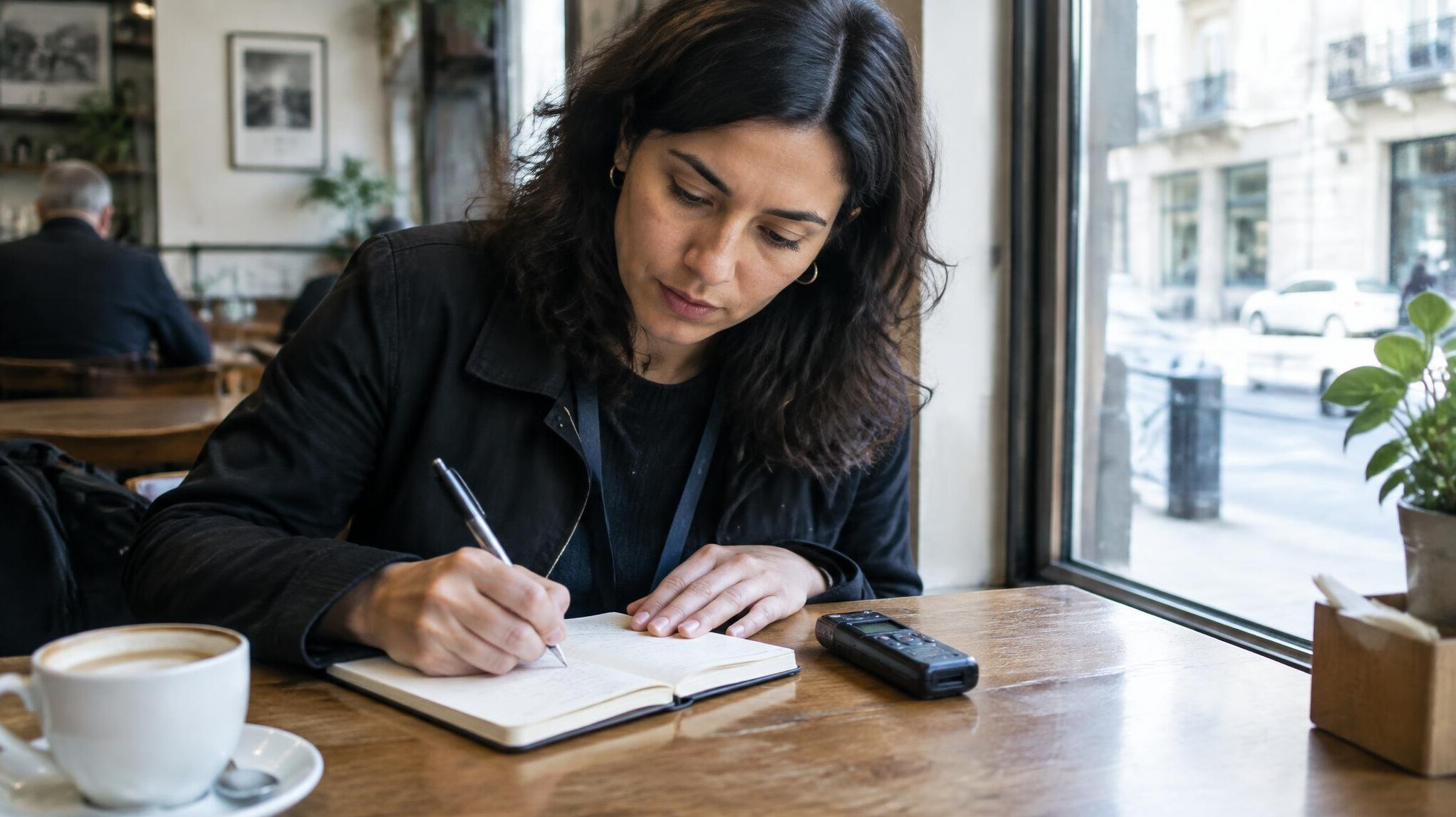 Journalist taking handwritten notes with a recorder during an interview
