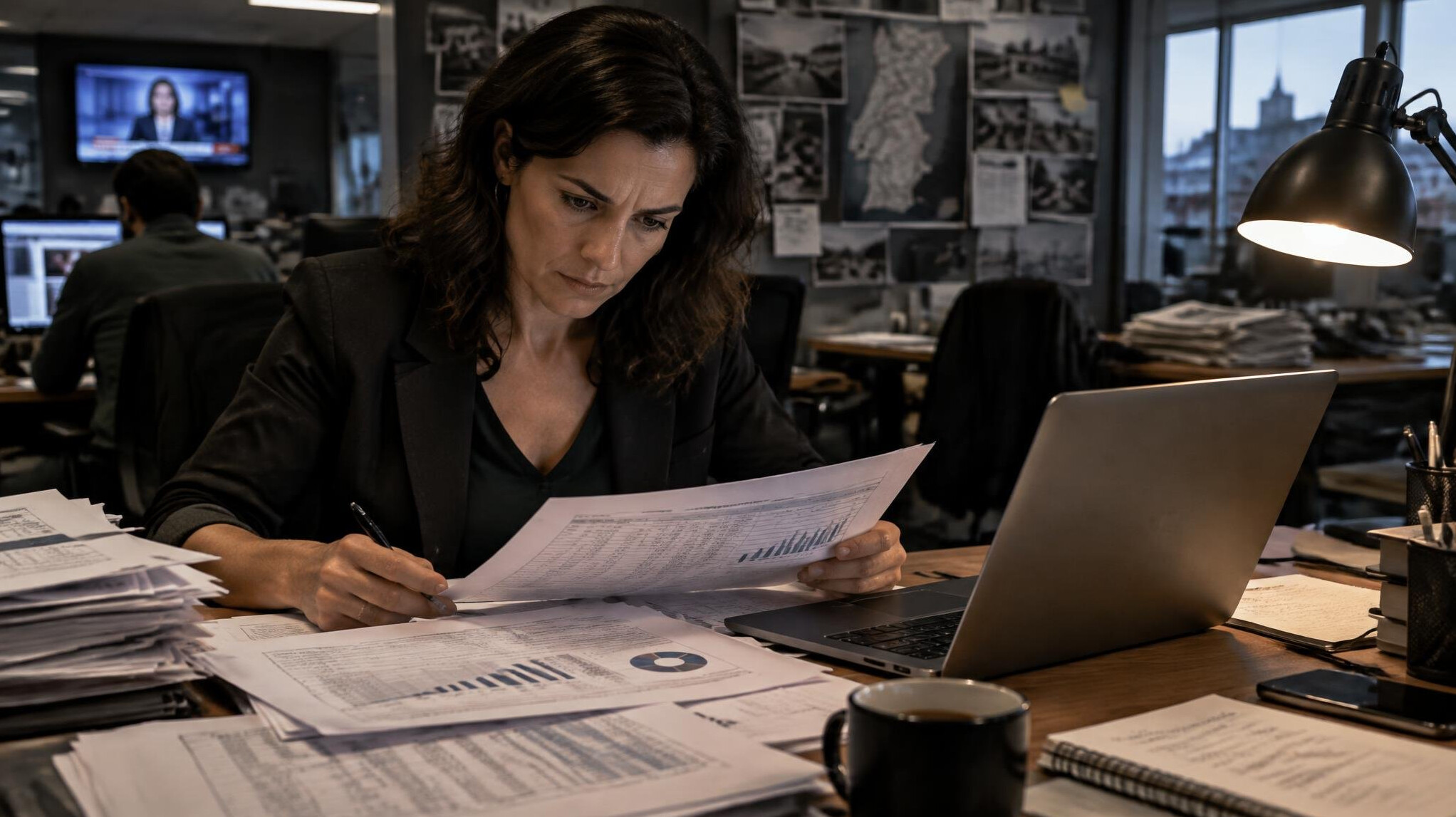 Journalist reviewing financial documents and a laptop at a desk in a newsroom